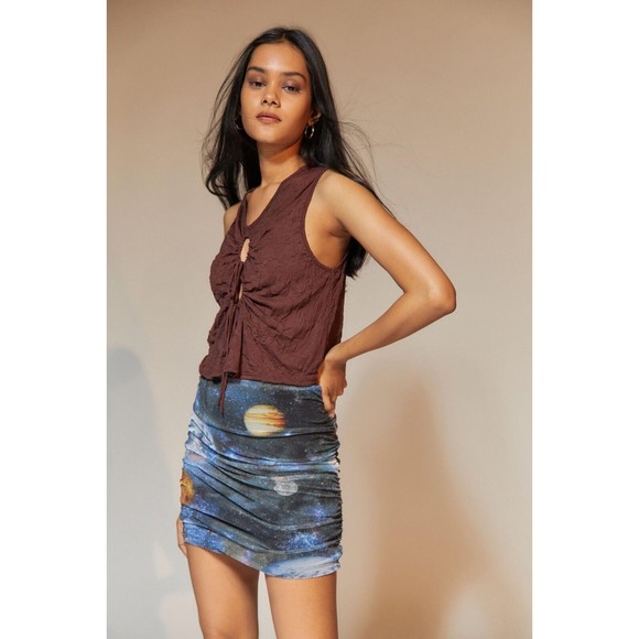 Urban Outfitters UO Liza Ruched Mini Skirt XS Black Blue Galaxy Celestial Planet - Picture 3 of 13